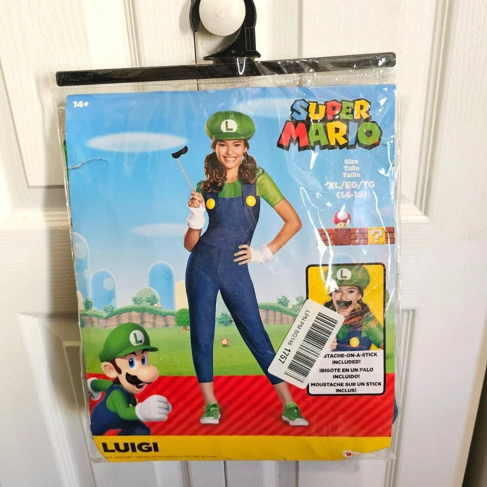 Luigi Costume Girls Tween 14-16 Mustache Stick Gloves Hat Jumpsuit Super Mario